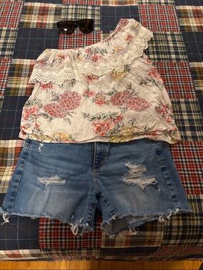 Angie Cream Floral Off-Shoulder Top with Coral & Yellow Blooms